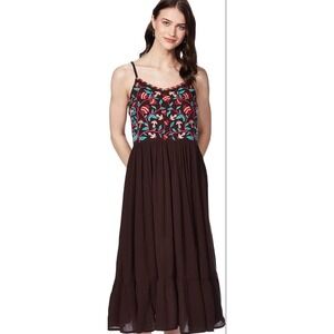 Maxi midi embroidered sundress straps brown Floral Red Small